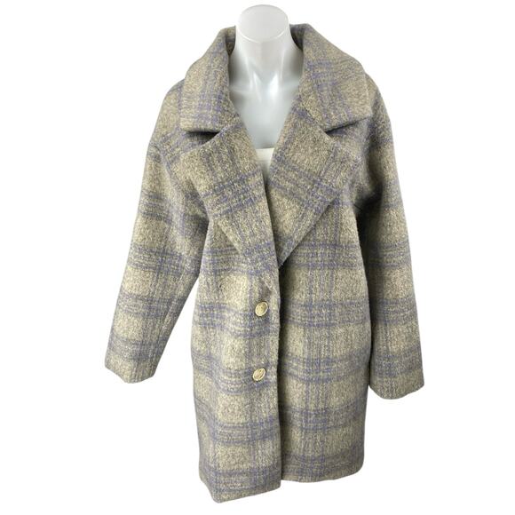 ASTR The Label Gray Plaid Checkered Long Sleeve Button Trench Over Coat Jacket M - Picture 1 of 5